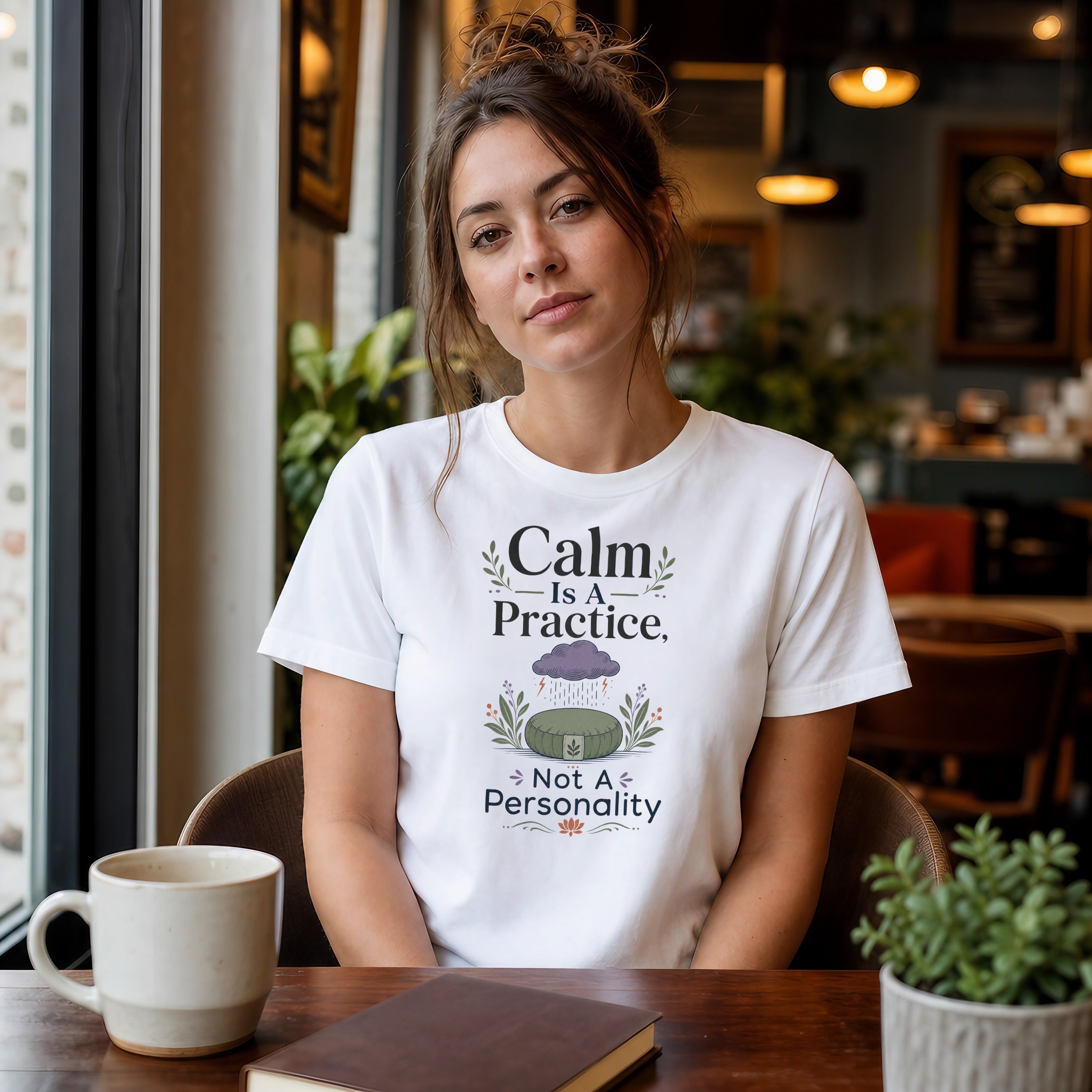 Woman in white t-shirt with "Calm is a practice, not a personality" text.