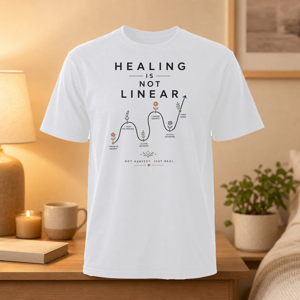 White t-shirt with "Healing is Not Linear" graphic and self-care stages.