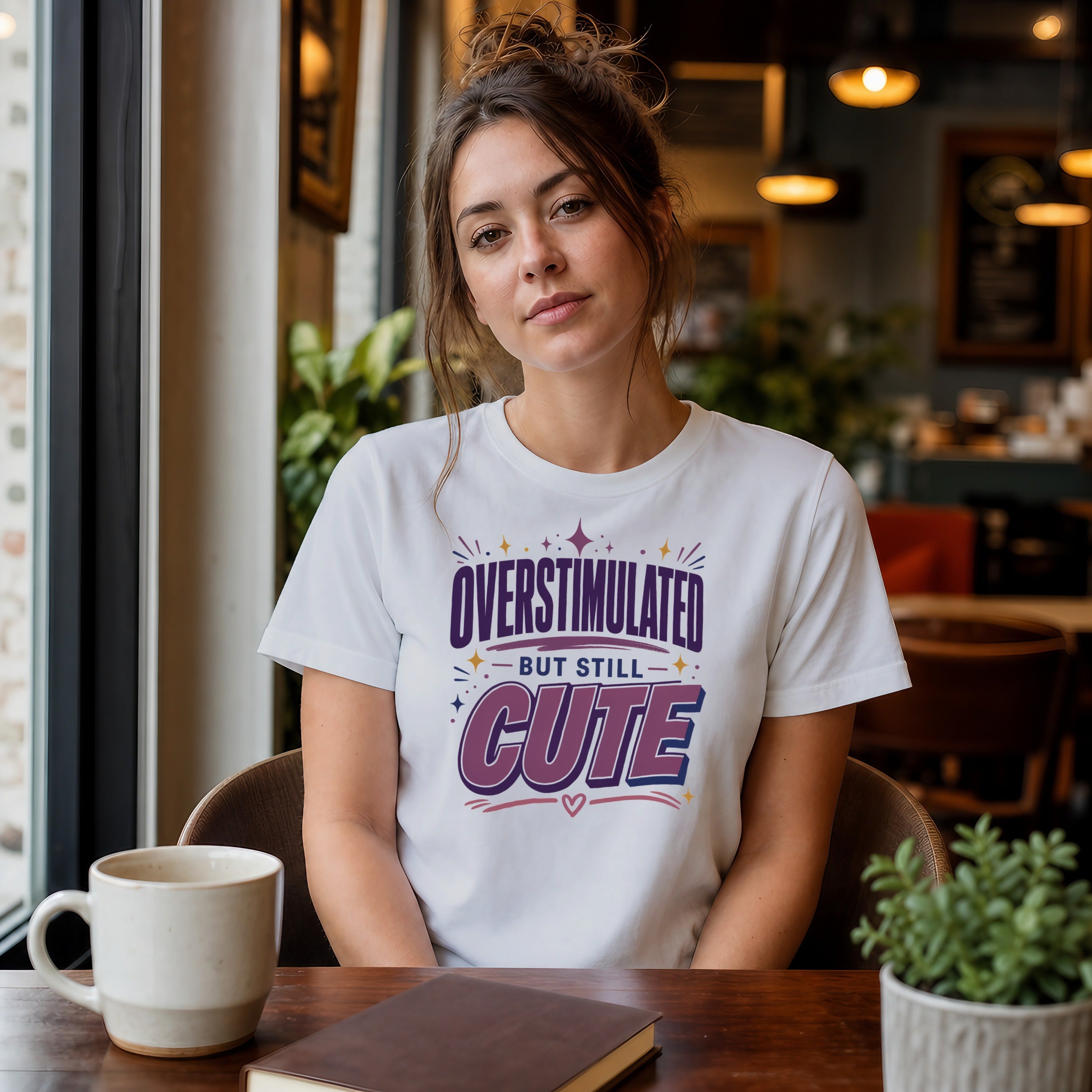 Woman wearing white t-shirt with text "Overstimulated but still cute".