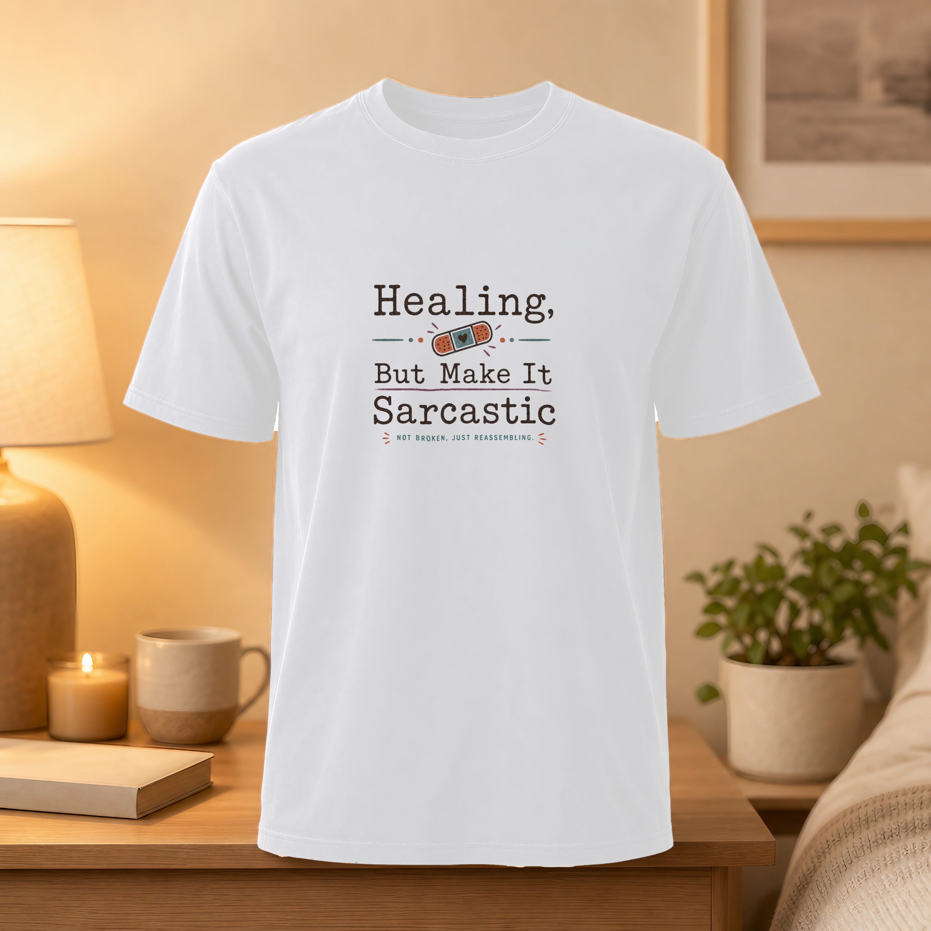 White t-shirt with "Healing, But Make It Sarcastic" graphic and pill icon.
