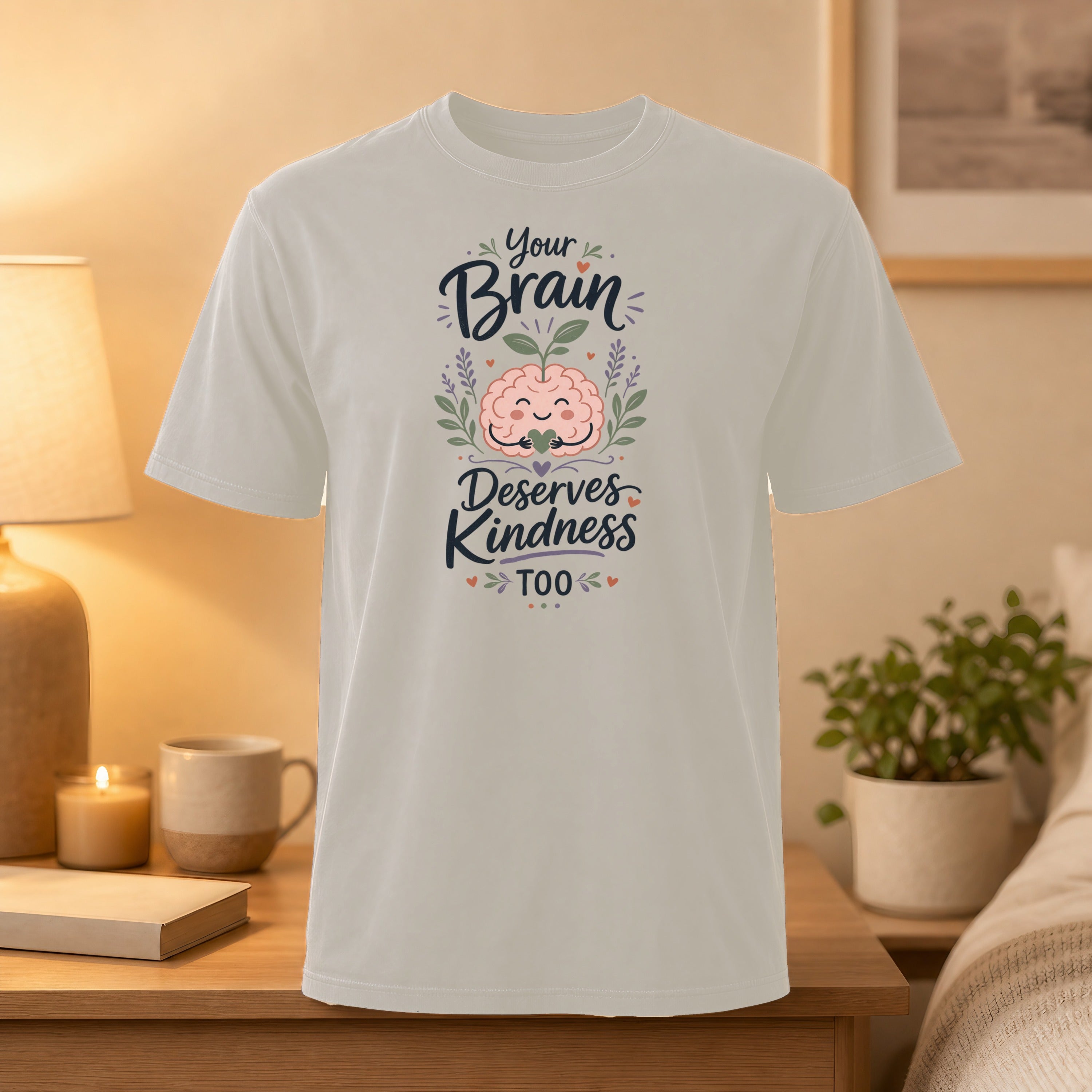 "Your Brain Deserves Kindness Too" text on a light gray t-shirt with plant graphics.