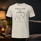 T-shirt with "Healing is not linear" text and a wavy line graph.