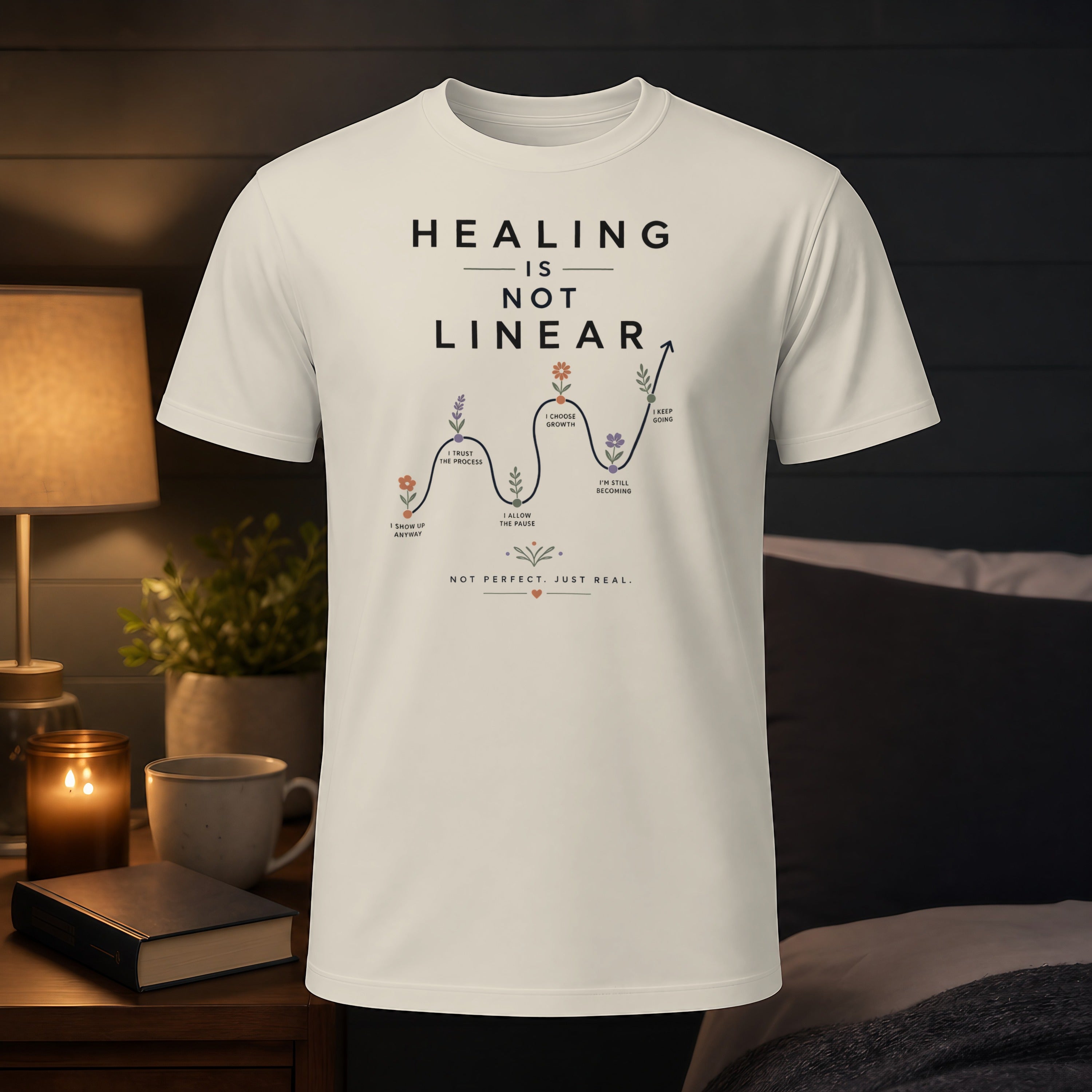 T-shirt with "Healing is not linear" text and a wavy line graph.