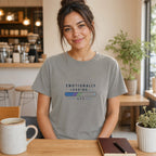 Woman in grey t-shirt with "EMOTIONALLY LOADING 6.2%" text.