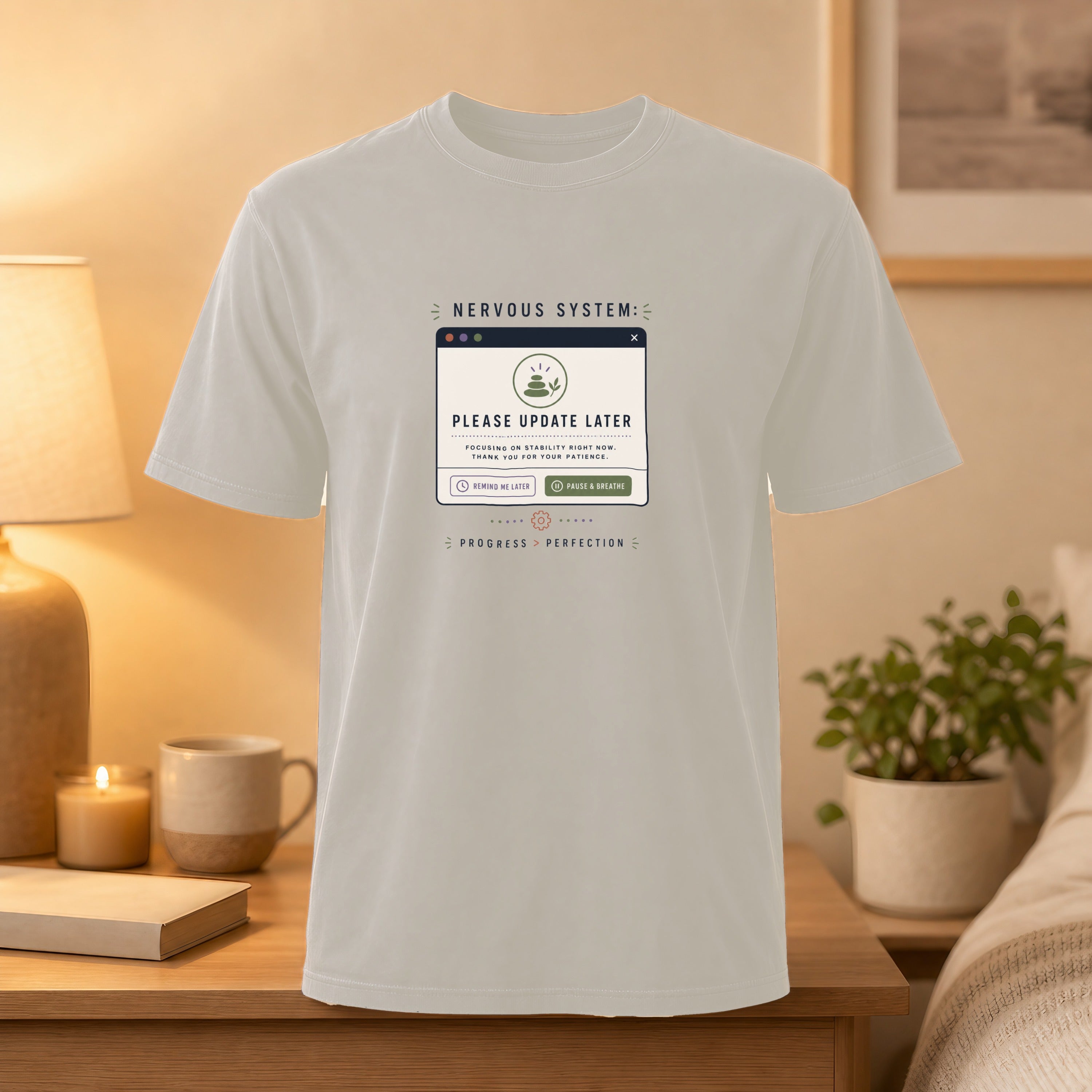 T-shirt with "Nervous System: Please Update Later" pop-up design.