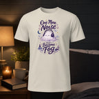 T-shirt with "One More Noise and I Become Fog" graphic.
