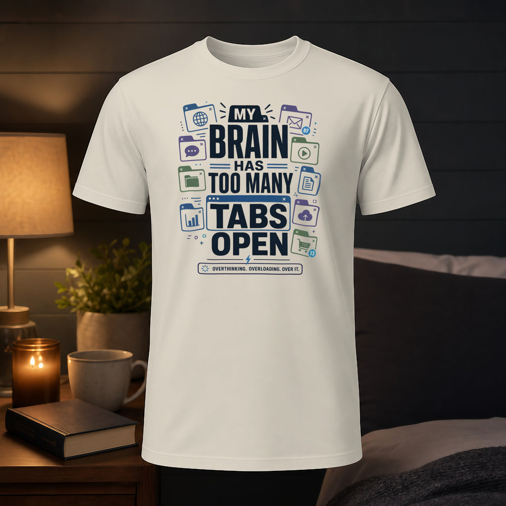 White t-shirt with "My brain has too many tabs open" text and icons.