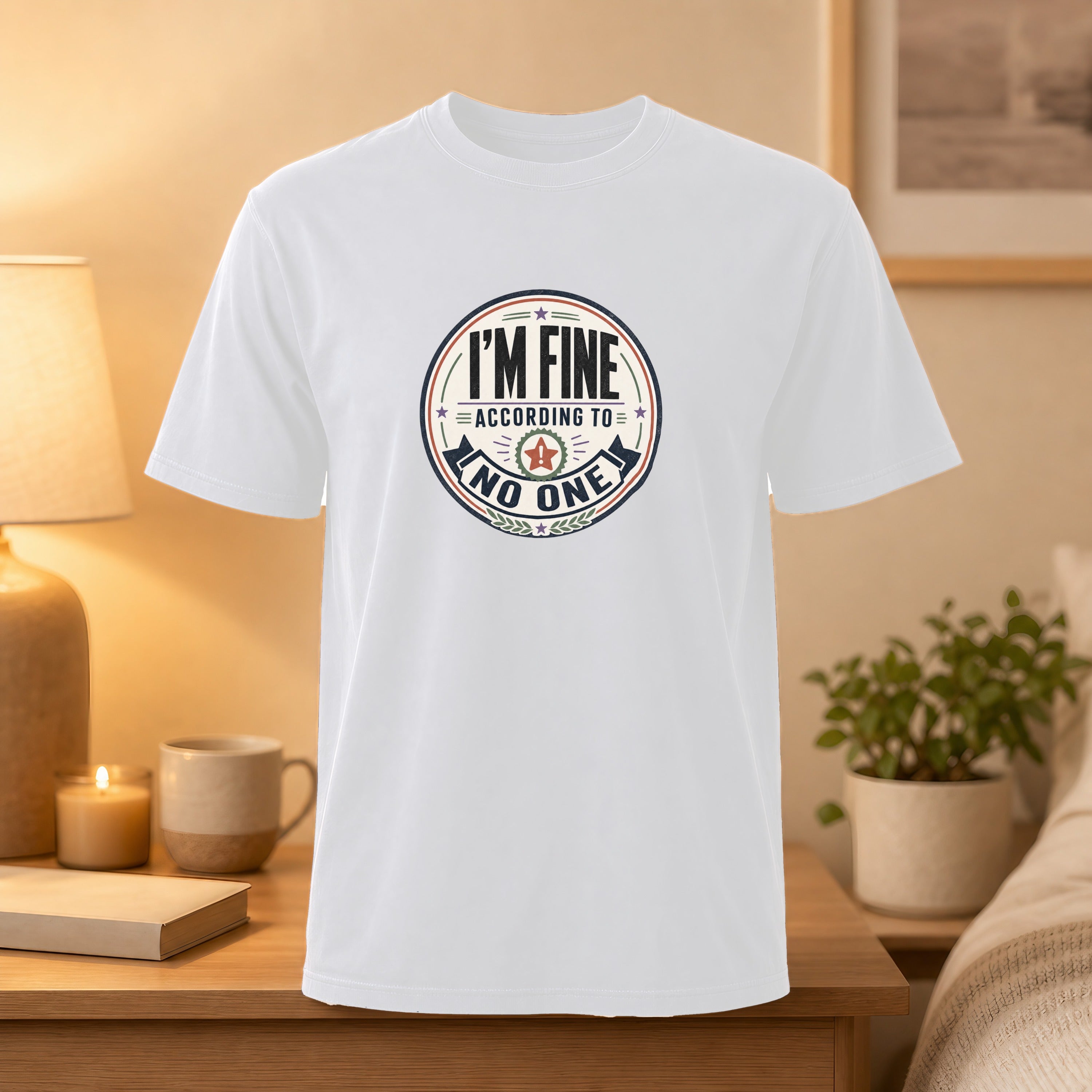 White t-shirt with circular graphic saying "I'M FINE ACCORDING TO NO ONE".