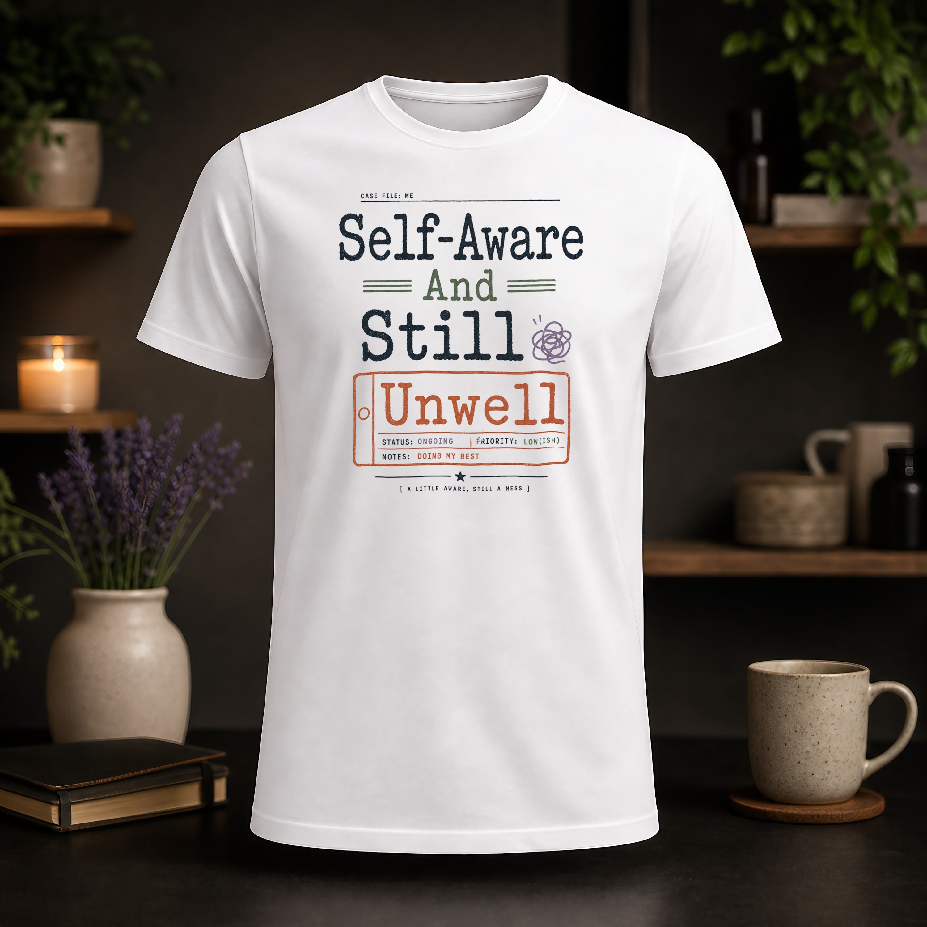 White t-shirt with "Self-Aware And Still Unwell" text, status ongoing, priority lowish.