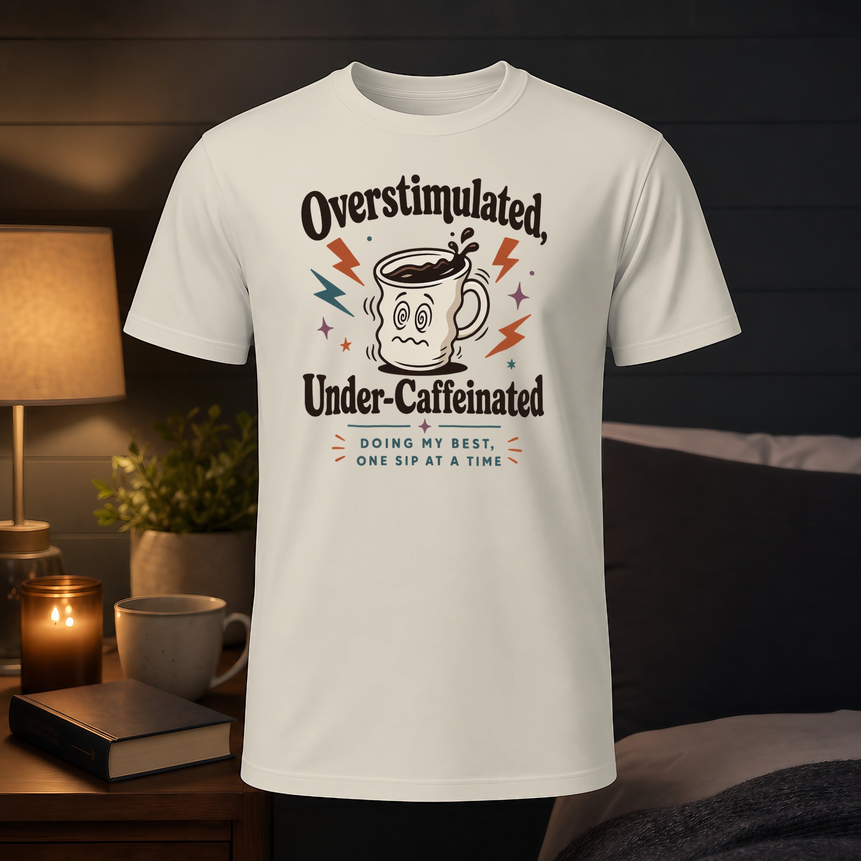 T-shirt with "Overstimulated, Under-Caffeinated" and coffee cup graphic.