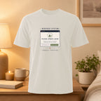 White t-shirt with a graphic of a computer window labeled "Nervous System" and text about stability.