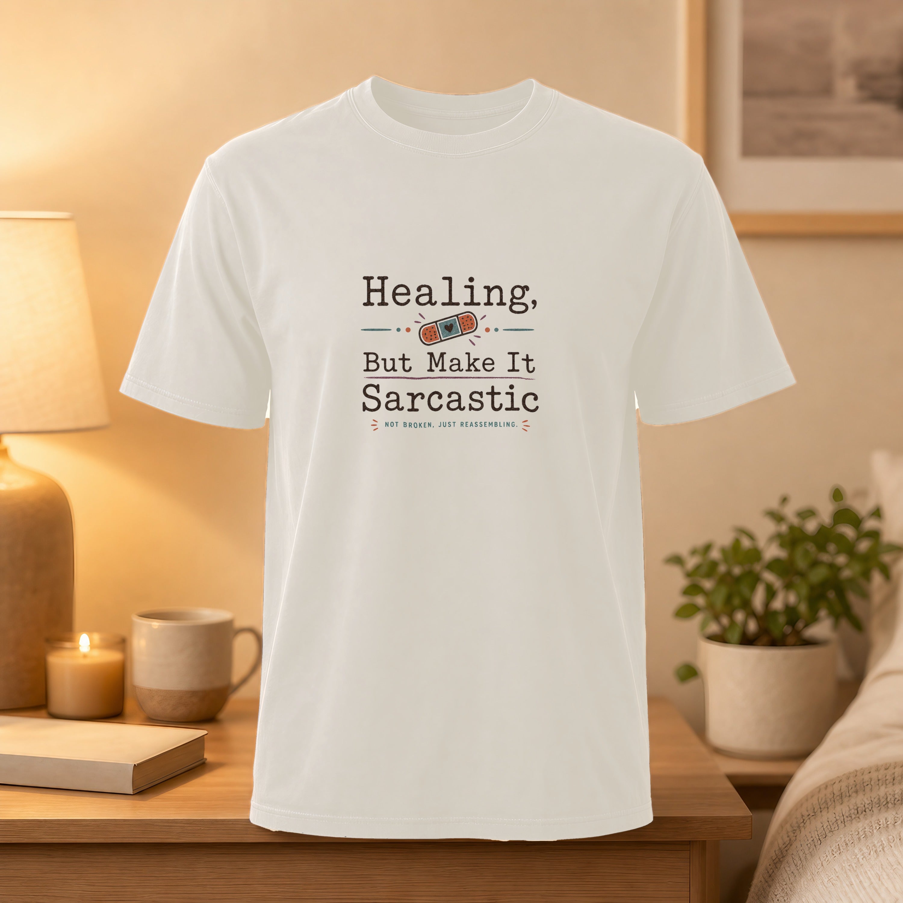 White t-shirt with "Healing, But Make It Sarcastic" text and a bandage graphic.