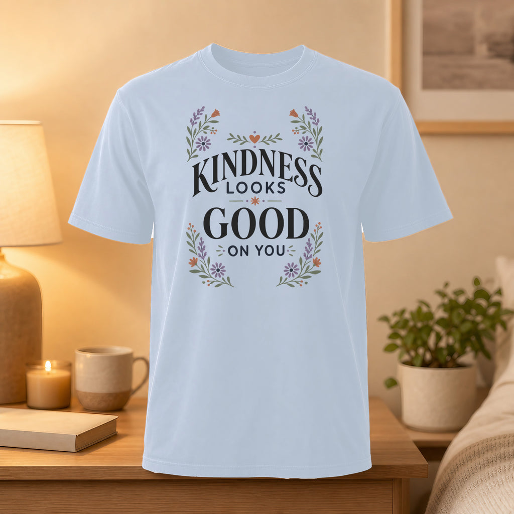 White t-shirt with "Kindness Looks Good On You" text in a floral wreath.