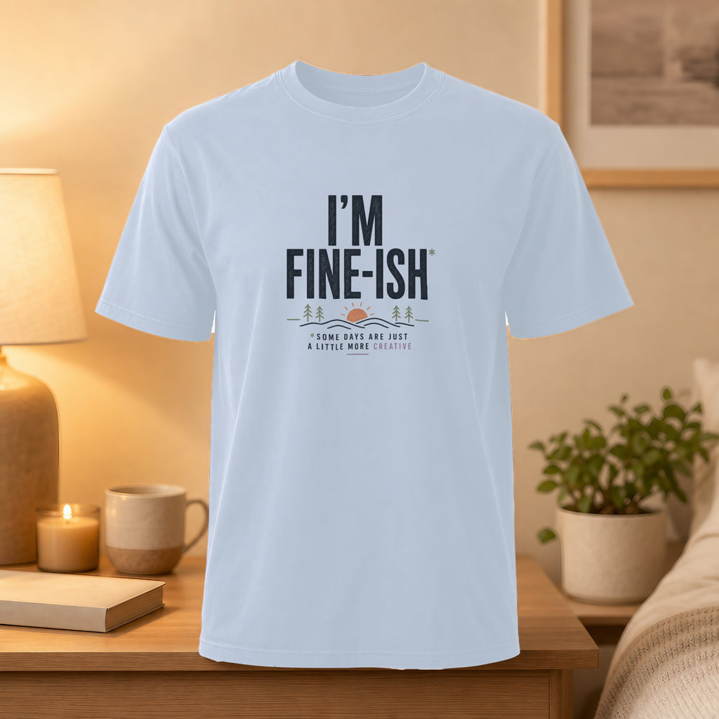 Light blue t-shirt with "I'M FINE-ISH" and "SOME DAYS ARE JUST A LITTLE MORE CREATIVE" text.