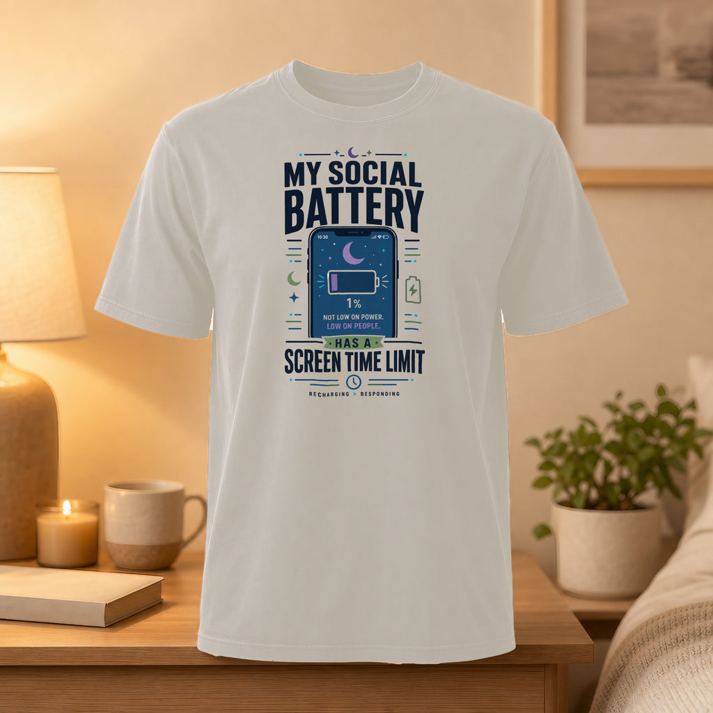 T-shirt with "My social battery" graphic and low battery warning.