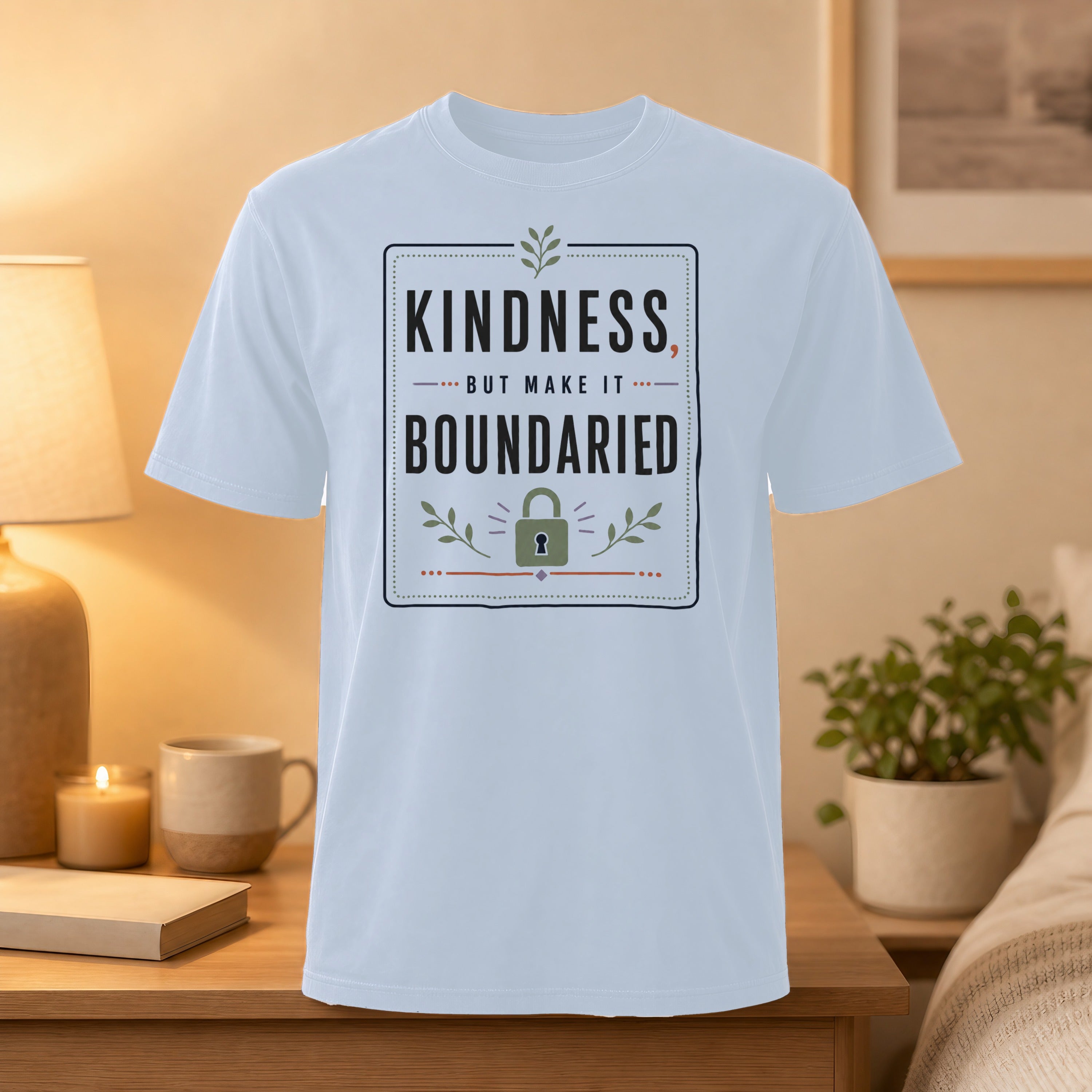 White t-shirt with "Kindness, but make it guarded" text and lock graphic.