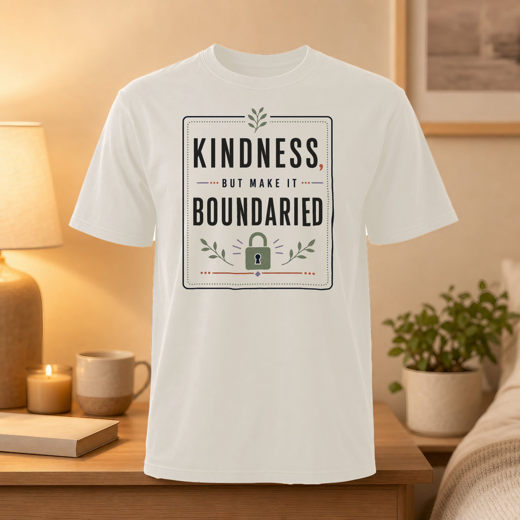White t-shirt with "Kindness, but make it a boundary" text and lock graphic.