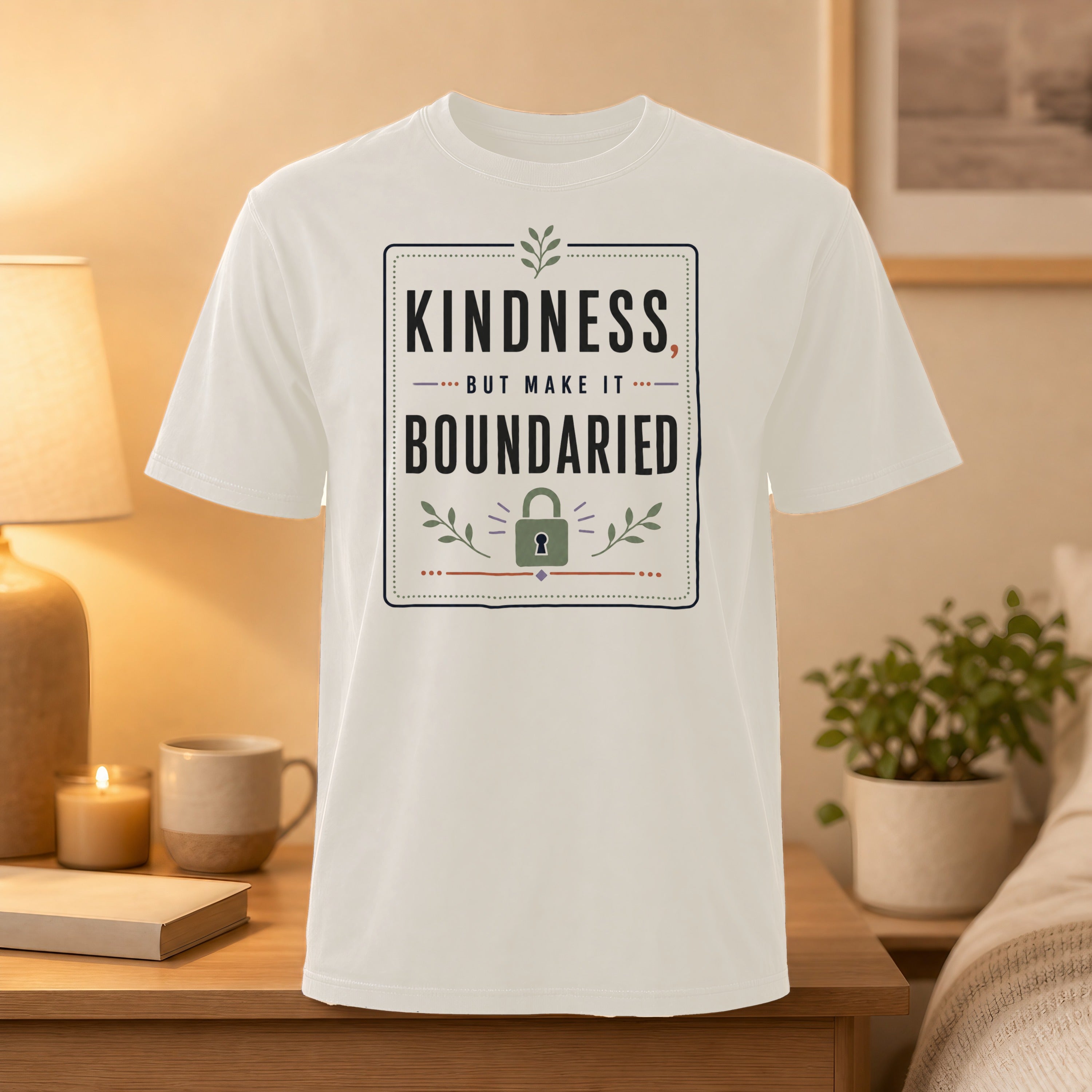 White t-shirt with "Kindness, but make it a boundary" text and lock graphic.