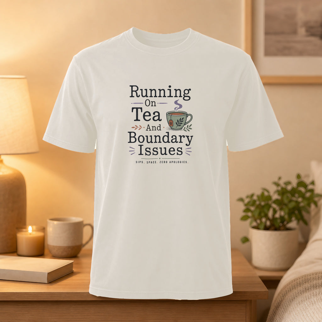 White t-shirt with text "Running On Tea And Boundary Issues" and a tea cup graphic.