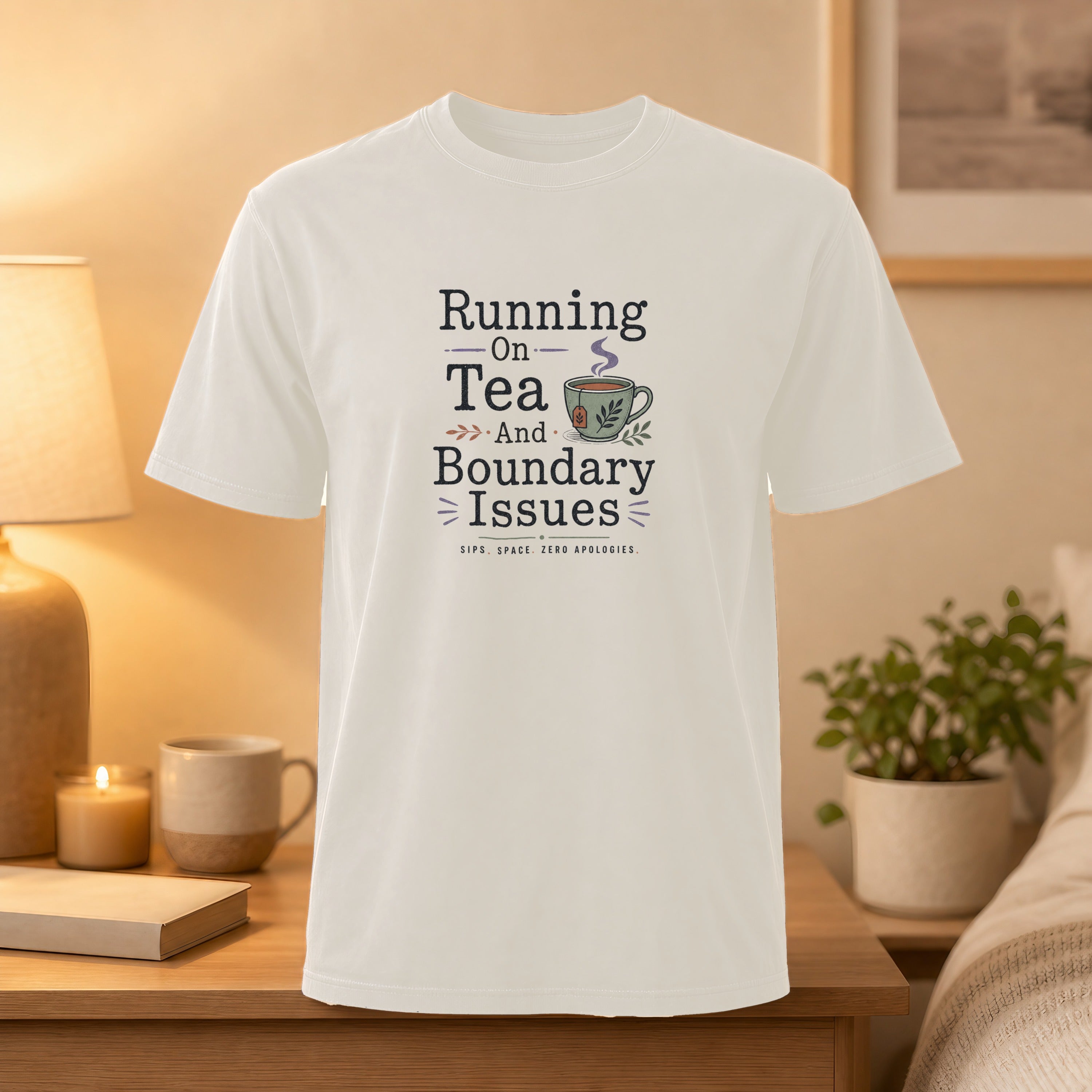 White t-shirt with text "Running On Tea And Boundary Issues" and a tea cup graphic.
