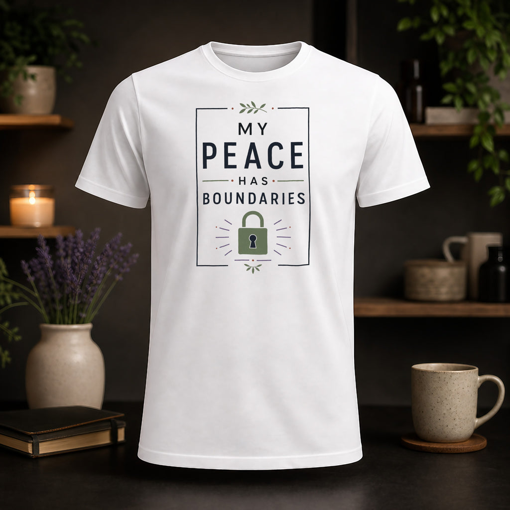 White t-shirt with "My Peace Has Boundaries" and a padlock design.