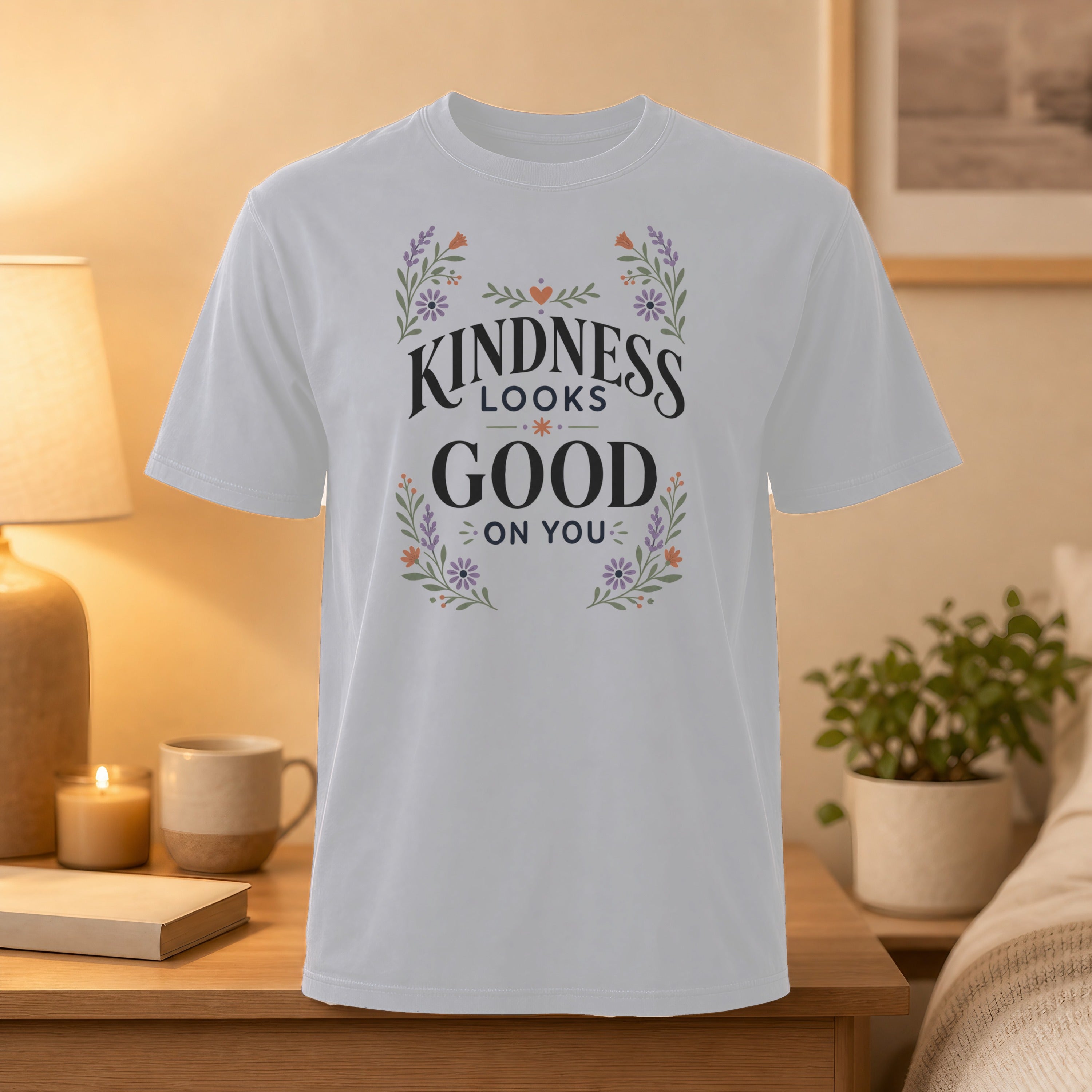 White t-shirt with "Kindness Looks Good On You" floral graphic.