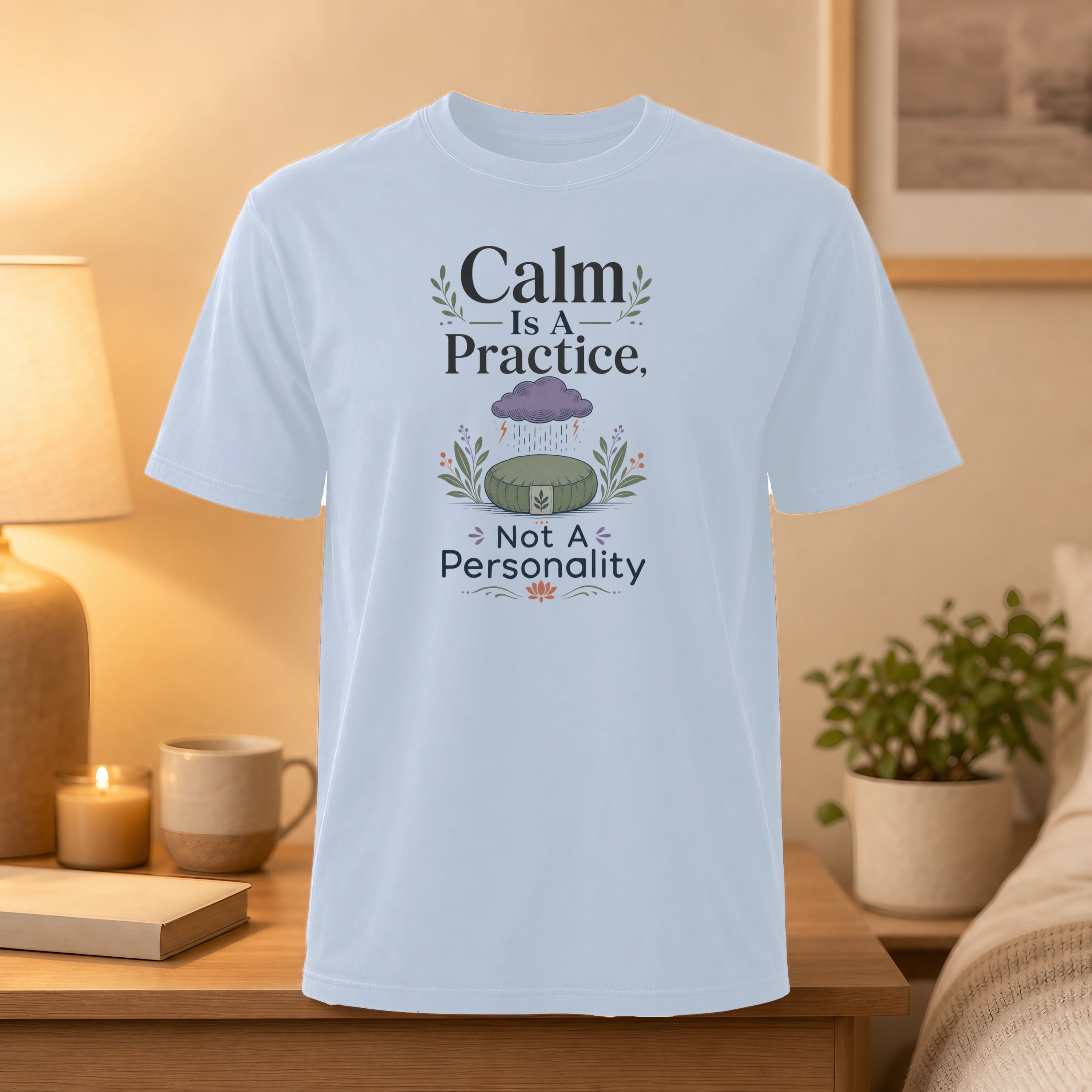 White t-shirt with "Calm Is a Practice, Not A Personality" text and lotus flower.