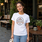 White t-shirt with "Official Overthinking Department Fully Staffed" text and graphic.