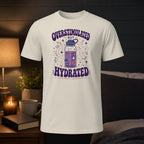 White t-shirt with "Overstimulated but Hydrated" text and water bottle graphic.