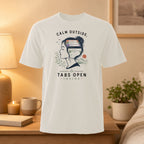 T-shirt graphic with "Calm Outside, Tabs Open Inside" and icons representing thoughts.
