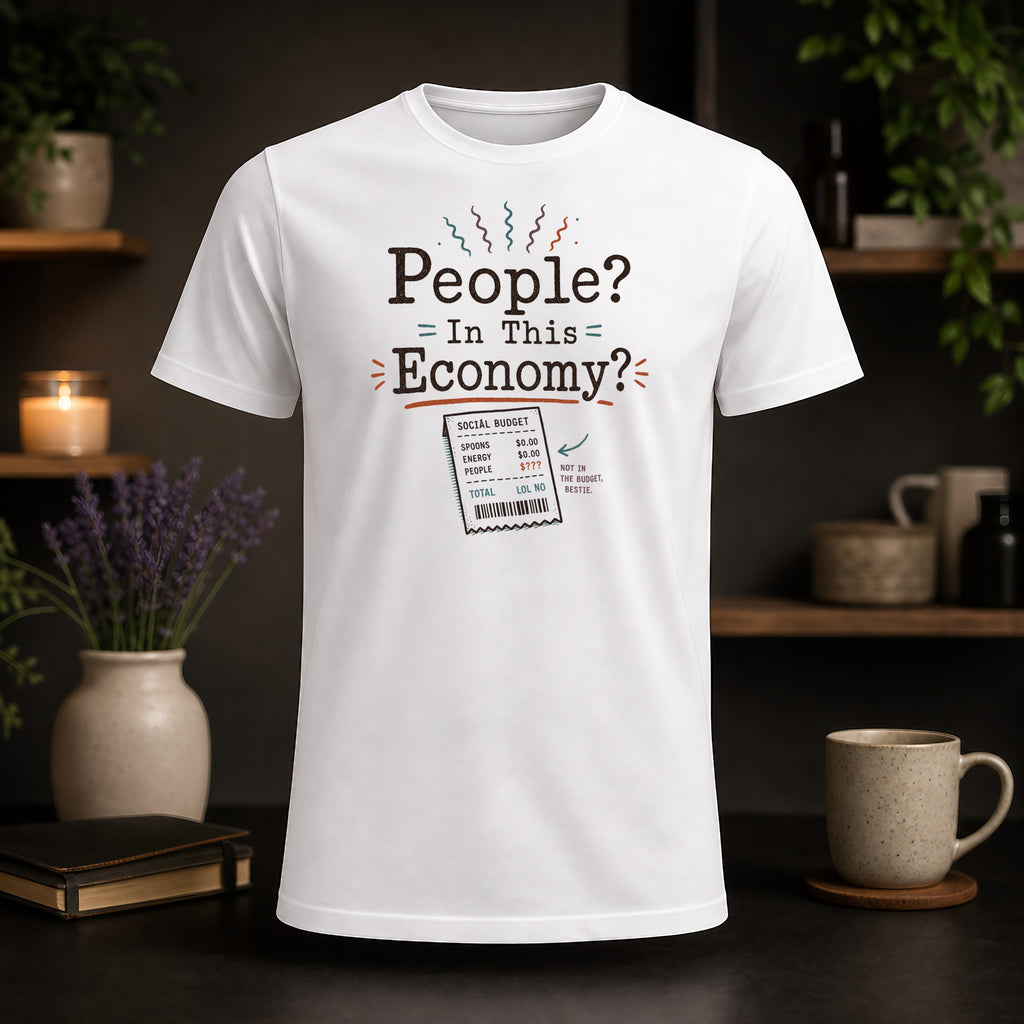 White t-shirt with "People? = In This = Economy?" and a humorous social budget.