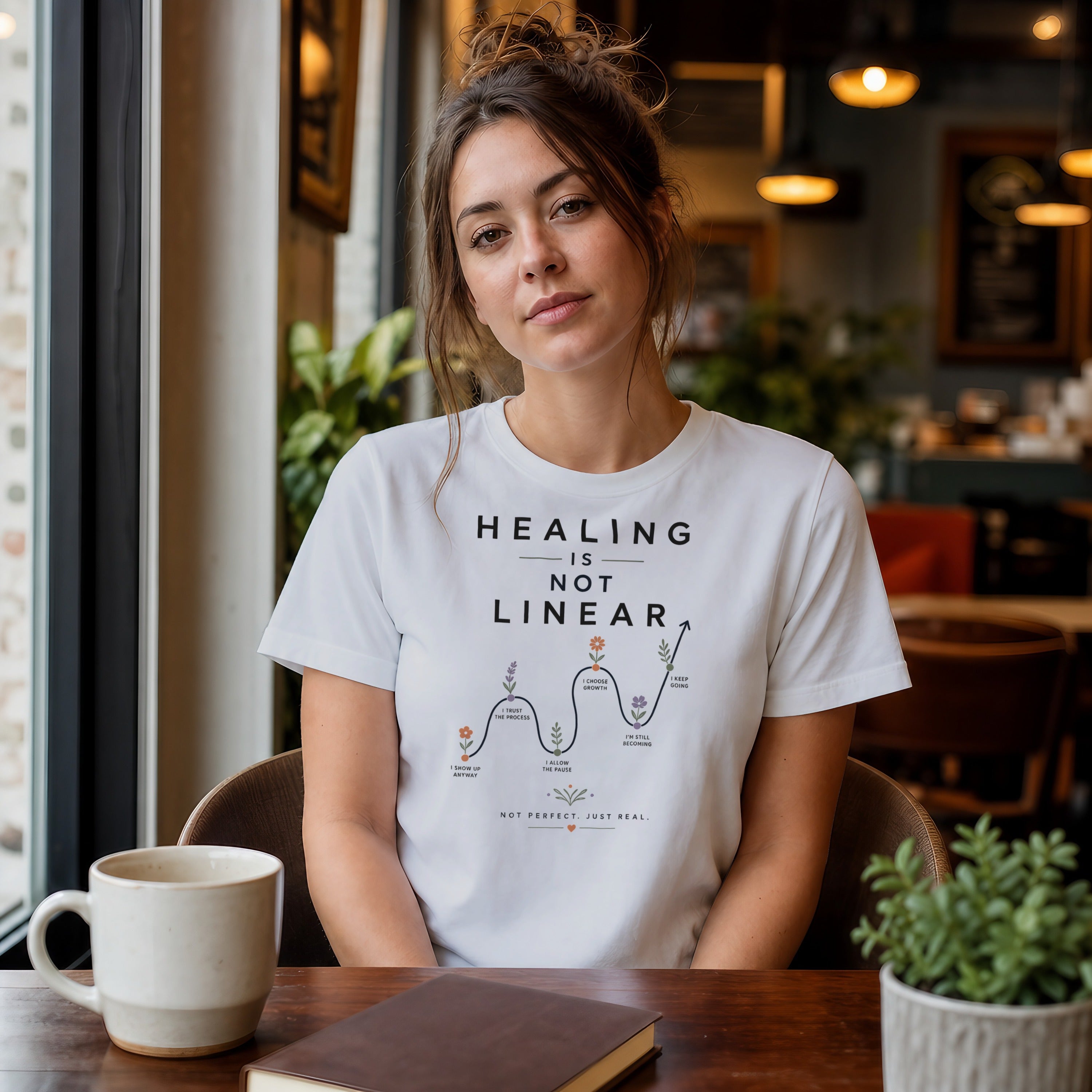 White t-shirt with "Healing is not linear" text and growth illustration.